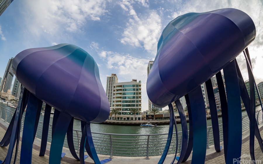 Jellyfish sculptures on promenade at Dubai Marina UAE  Print