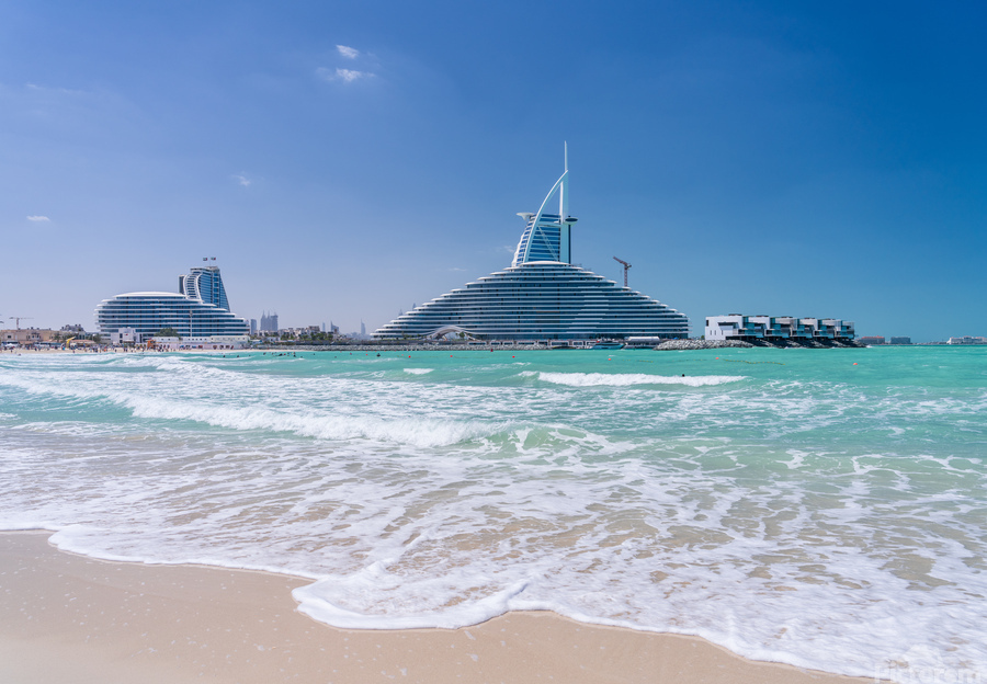 Iconic Burj al Arab behind newly constructed Marsa al Arab hotel  Print