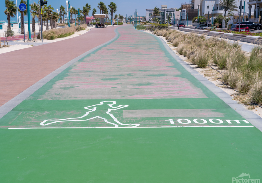 Rubber surface of running track alongside Dubai beach  Print