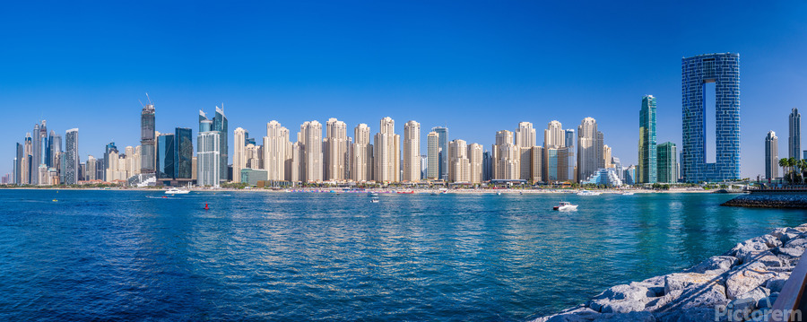 Skyline of hotels and apartments in JBR Beach above the beach  Print