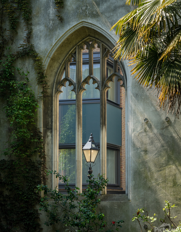 London street light seen through old windows of St Dunstan  Print