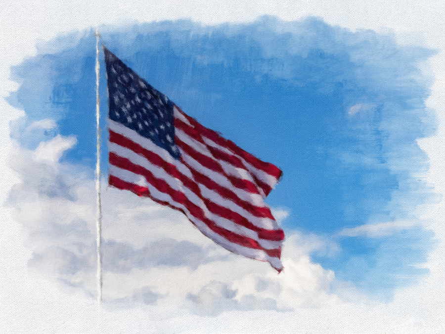 Digital art of USA stars and stripes flag against blue sky  Print