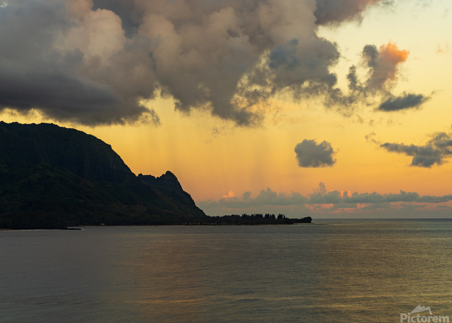 Sunrise over Hanalei bay with silhouette of north shore peaks  Print