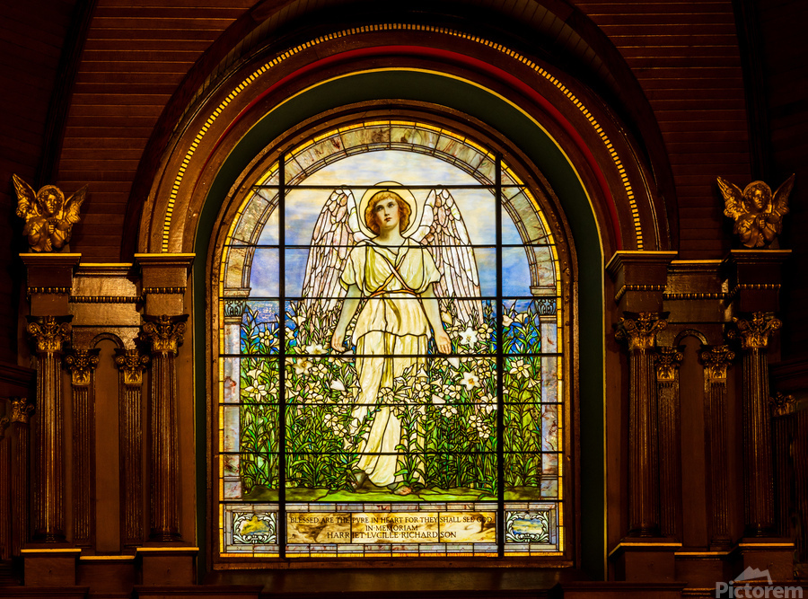 The Angel among the Lilies. Tiffany stained glass window. 1896  Print