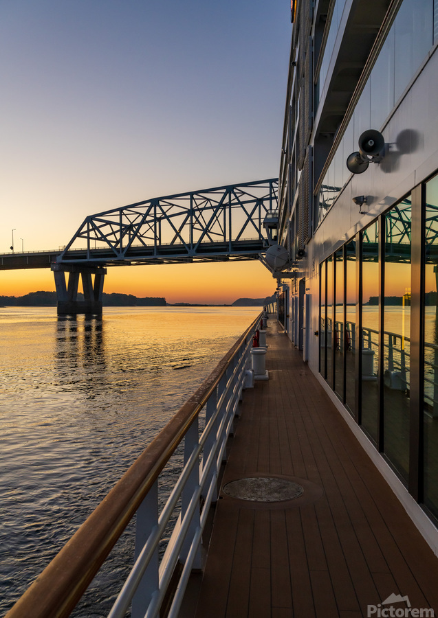 River cruise boat sails to Mark Twain Memorial road bridge  Print