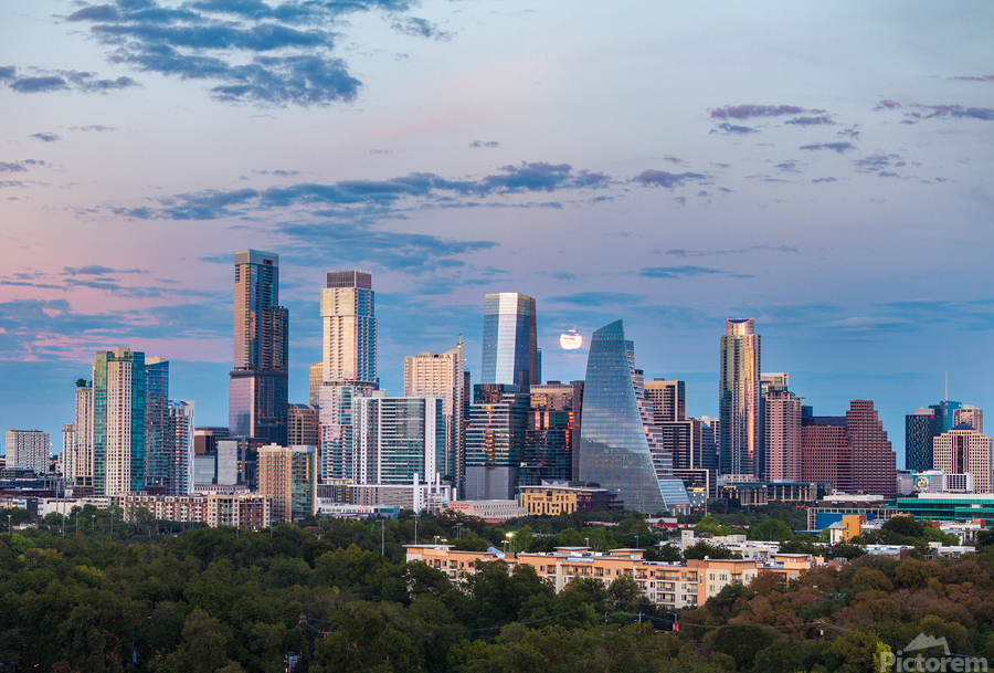 Distant view of Harvest moon in the Austin skyline at sunset  Print