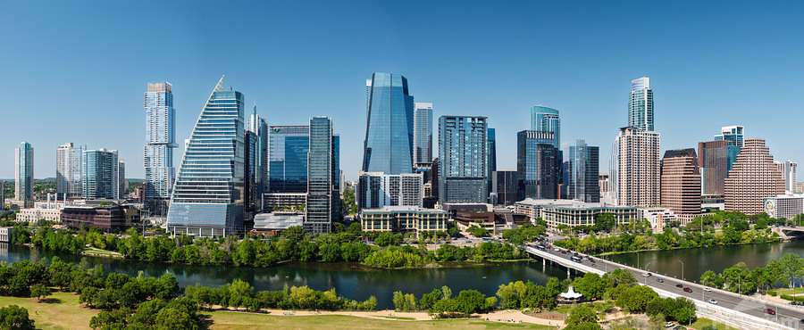 Aerial panorama of city skyline of Austin Texas in spring 2025   Print