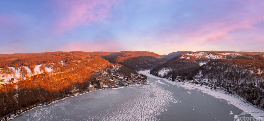 Aerial panorama of the frozen Cheat Lake in Morgantown  Print