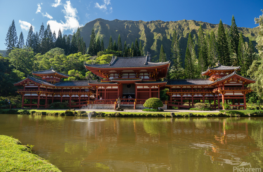 Byodo In buddhist temple under the tall mountain range  Print