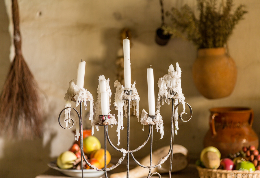 Candles in traditional kitchen in mission in California  Print