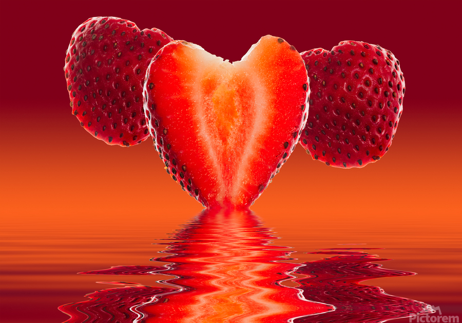 Fresh heart shaped strawberry reflected  Print