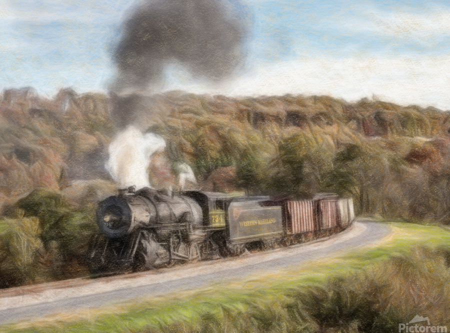 WMSR Steam train powers along railway  Print