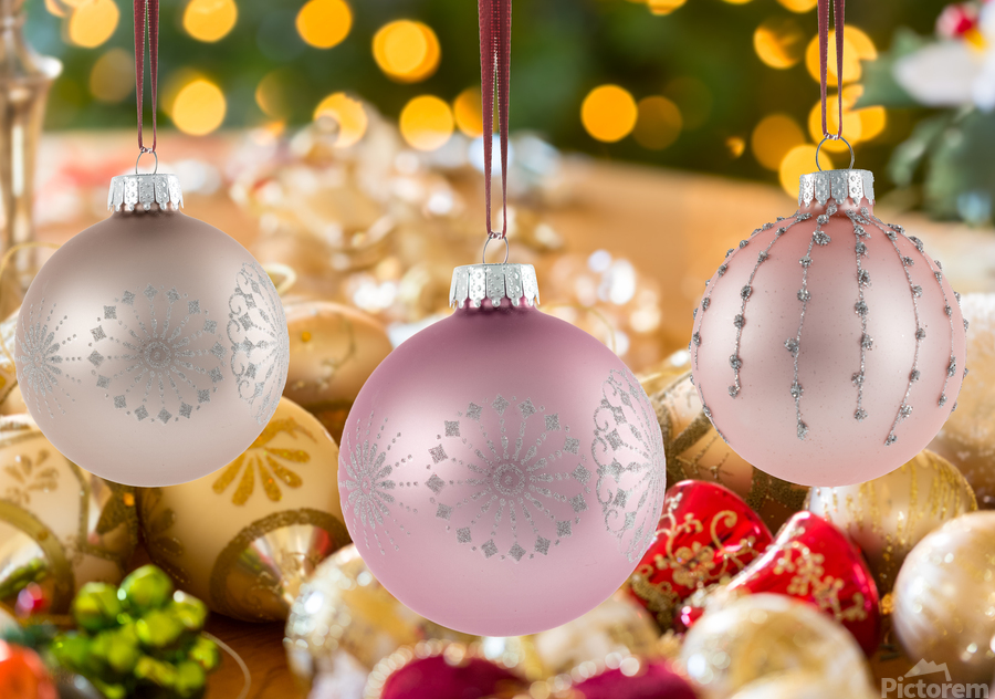 Three Christmas decorations on strings  Print