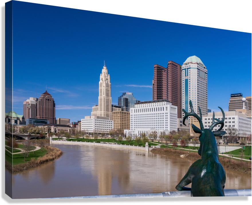 Scioto Lounge statue by waterfront looking at Columbus skyline Canvas Print