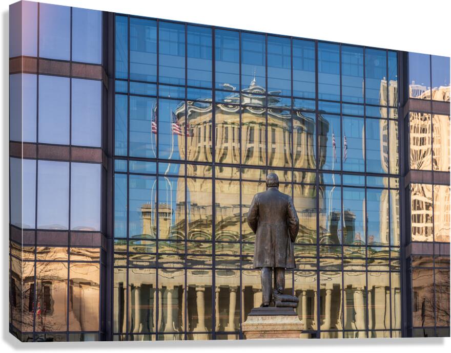 Reflection of McKinley statue and State Capitol building in Colu Canvas Print