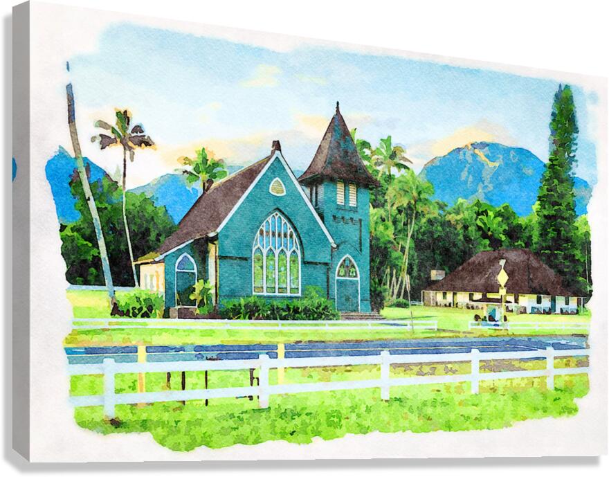 Waioli Huiia Church stands in Hanalei Kauai in watercolor Canvas Print