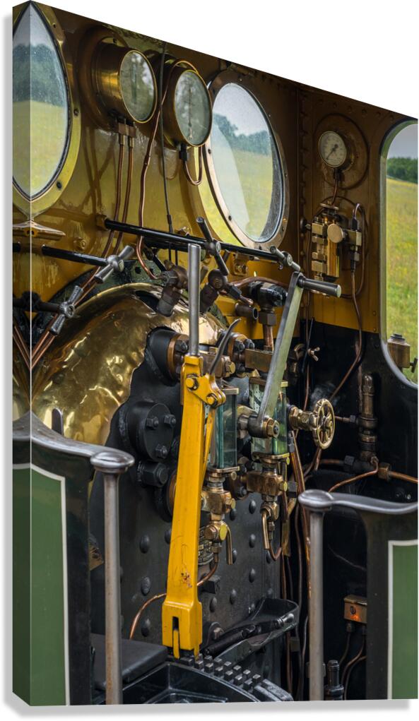 Detail of the driver cabin and controls on an old steam locomoti Canvas Print