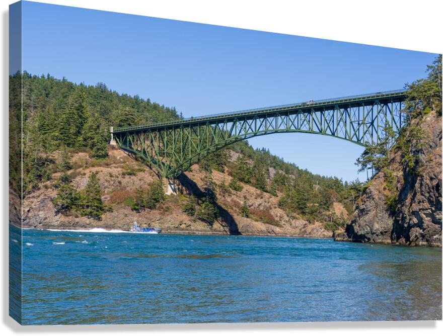 Island Whaler tour sails on Deception Pass under historic cantil Canvas Print