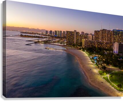 Aerial view of Waikiki beach at sunset Canvas Print