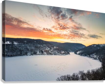 Aerial sunrise over frozen Cheat Lake Morgantown  Canvas Print