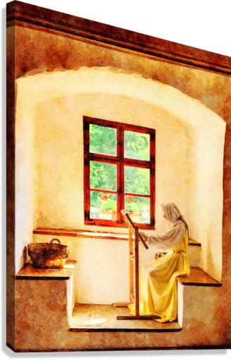 Water color of woman working on embroidery Canvas Print