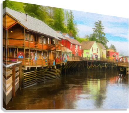 Painting of Creek Street wharf in Ketchikan Alaska Canvas Print
