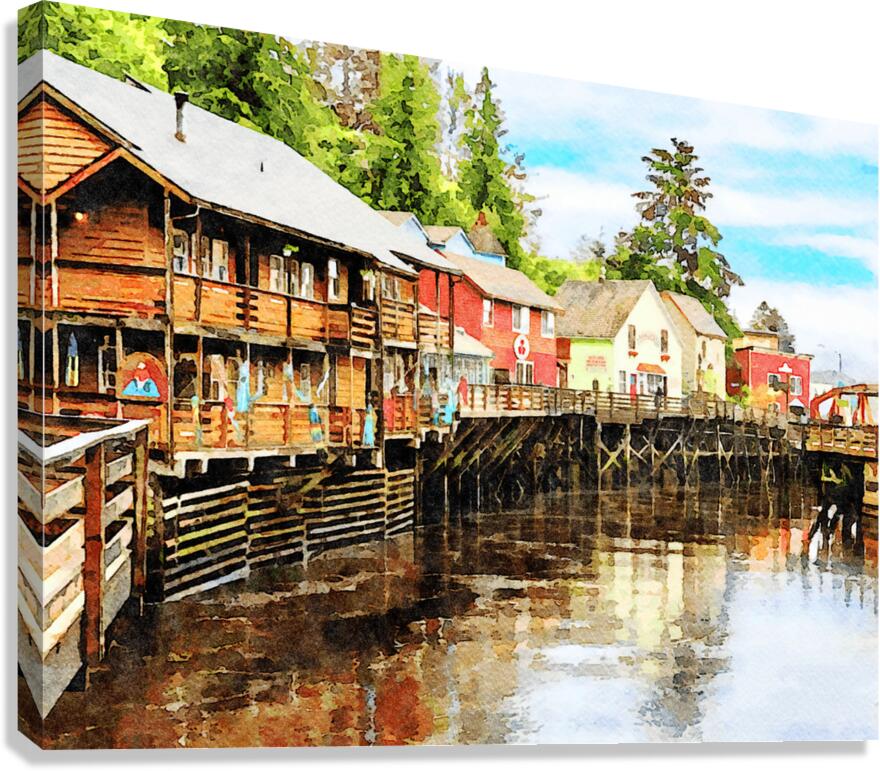 Painting of Creek Street wharf in Ketchikan Alaska Canvas Print