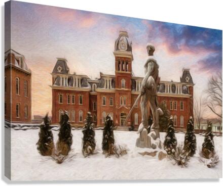 Pastel Mountaineer statue against Woodburn Hall Canvas Print