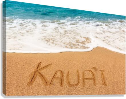 Kauai written in sandy beach Canvas Print