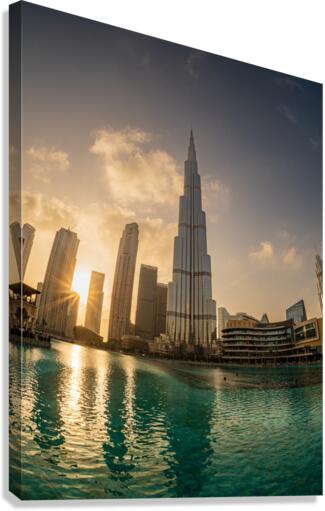 Sunset over the Dubai downtown business district Canvas Print