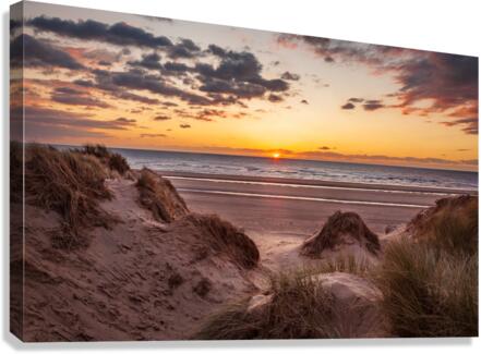 Sunset over Formby Beach through sand dunes  Canvas Print