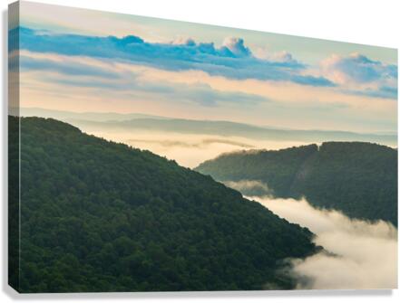 Mist swirling over Cheat River gorge at sunrise near Raven Rock Canvas Print