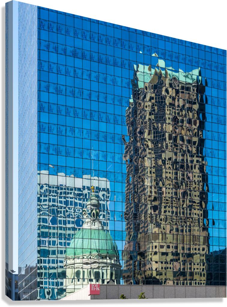 Complex reflections of a modern skyscraper in St Louis office bu Canvas Print