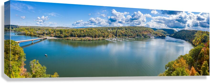 Aerial panorama of fall colors on Cheat Lake Morgantown WV  Canvas Print