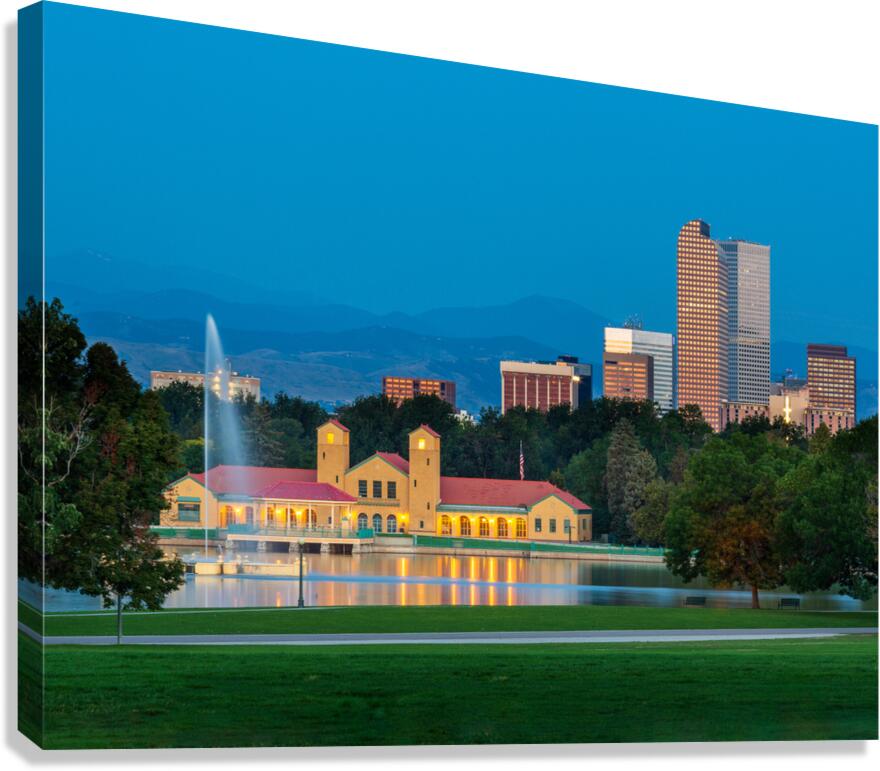Skyline of Denver at dawn from City Park with boathouse Canvas Print