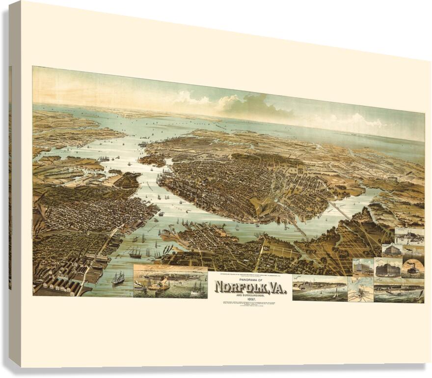 Restored birds eye panorama of Norfolk VA in 1892  Canvas Print
