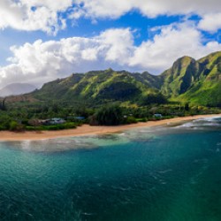 Aerial drone panorama of Tunnels Beach Kauai Hawaii