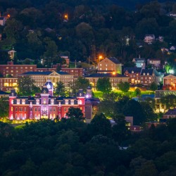 Downtown campus of West Virginia university at nightfall