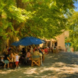 Oil painting of town square cafe in Colonia del Sacramento