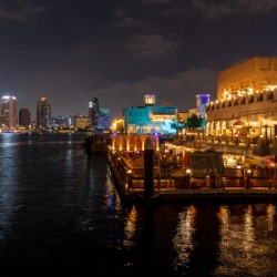 The Creek by Bur Dubai and Al Seef at night with waterfront rest
