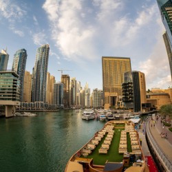 Fisheye view of cruise restaurant docked at Dubai Marina