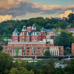 Brooks Hall and Woodburn Hall at dusk in Morgantown WV