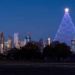 Cityscape of downtown Austin from the west in Zilker park 2025