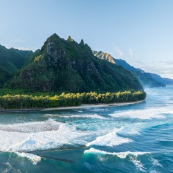 View along Haena beach towards Kee Beach and Na Pali coastline
