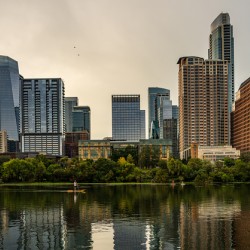 Water level view of the city skyline of Austin Texas in summer 2