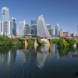 View along Colorado river of Austin Texas skyline
