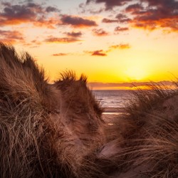 Sunset over Formby Beach through sand dunes