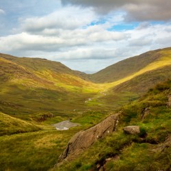View through moorland valley from HardKnott Pass