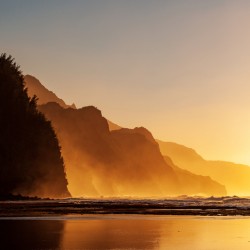 Misty sunset on Na Pali coastline