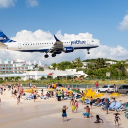 Jet Blue Airplane lands at Princess Juliana airport St Martin
